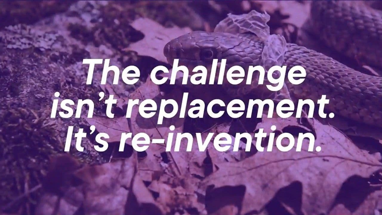 Snake shedding its skin, purple-tinted, overlaid with the text The challenge isn't replacement. It's re-invention.