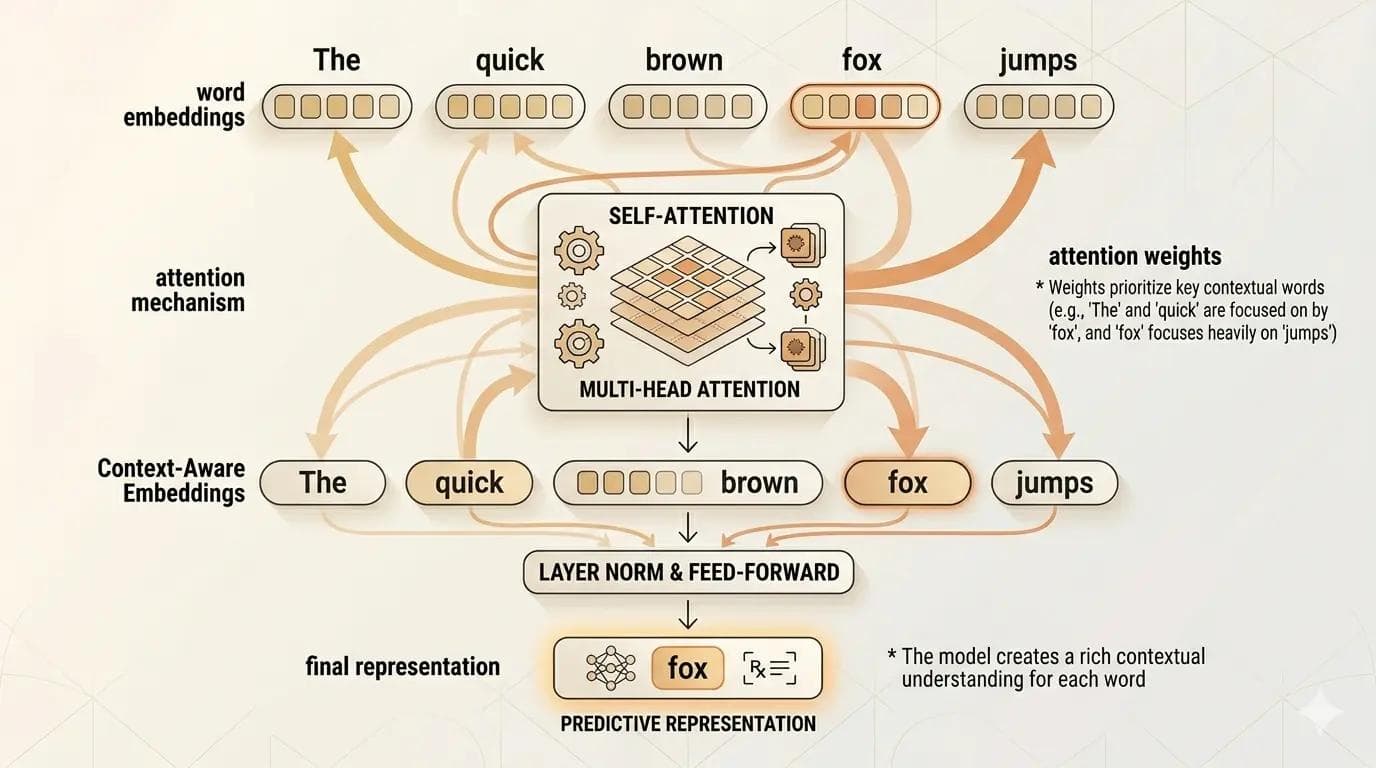 Simple illustration of transformer attention showing how words in a sentence relate to each other