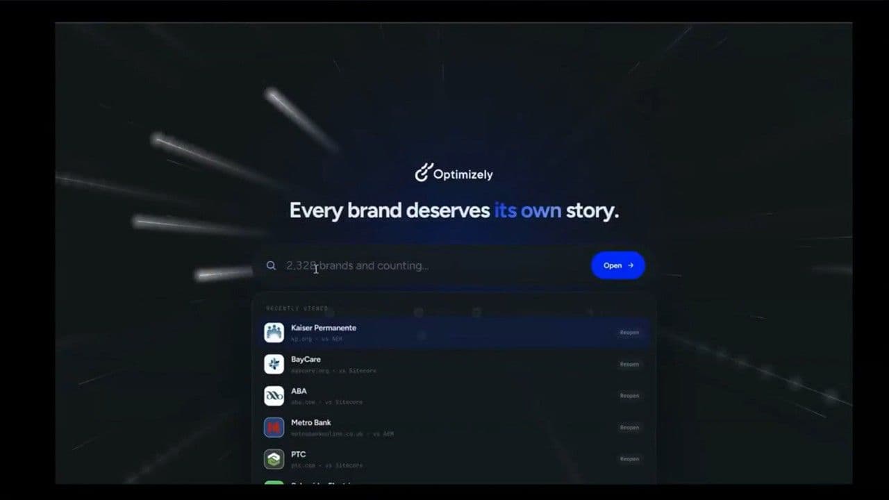 Optimizely brand search interface showing Every brand deserves its own story with recently viewed accounts including Kaiser Permanente and BayCare.