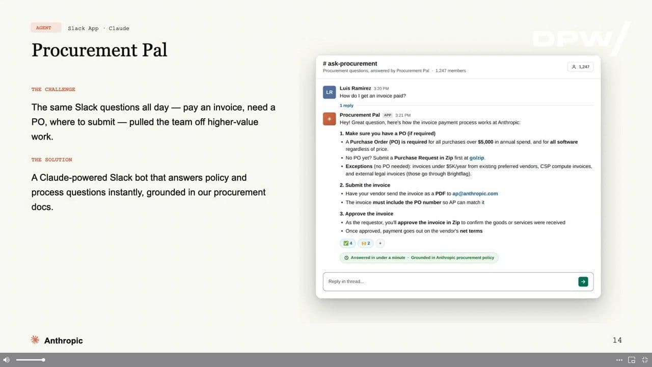 Procurement Pal Slack bot answering an invoice payment question in the #ask-procurement channel, grounded in Anthropic's procurement policy