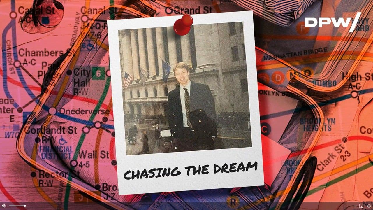 Speaker Alexander Atzberger's opening slide showing a vintage polaroid photo with the caption Chasing the Dream against a New York subway map background.