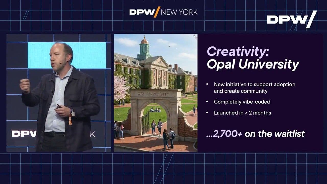 Atzberger on stage at DPW New York presenting Opal University vibe-coded, launched in under two months, with 2700-plus on the waitlist.