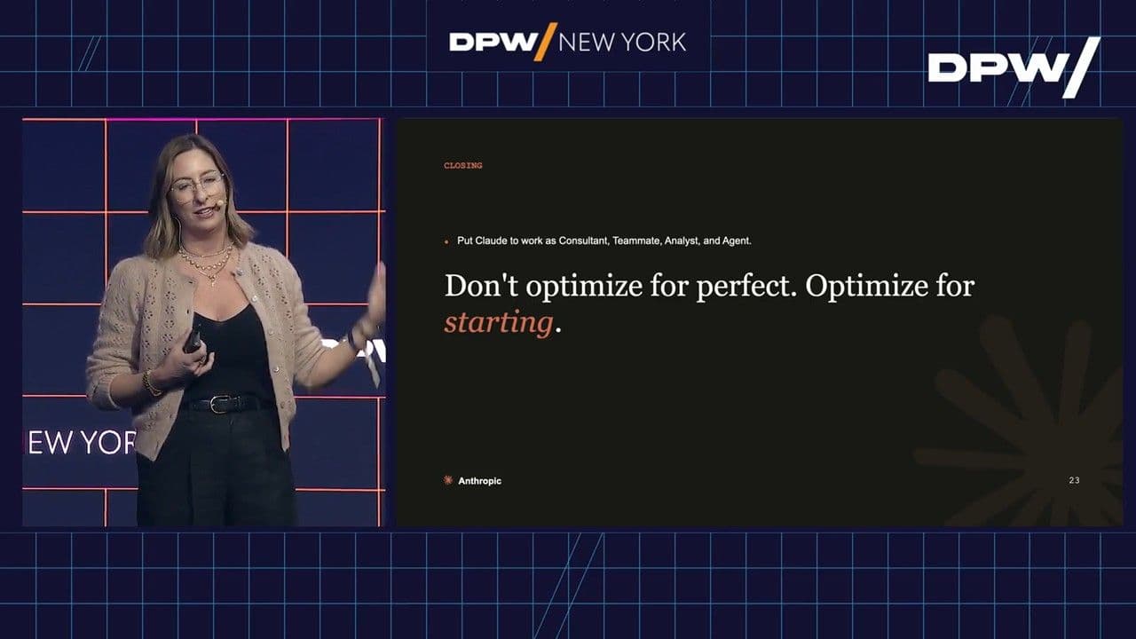 Katie Streu on stage at DPW New York with closing slide: "Don't optimise for perfect. Optimise for starting."