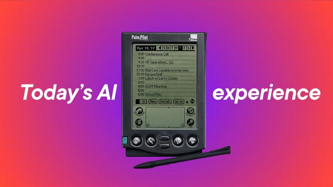 Palm Pilot device against a gradient background with the text Today's AI experience, illustrating the friction of current enterprise AI interfaces.