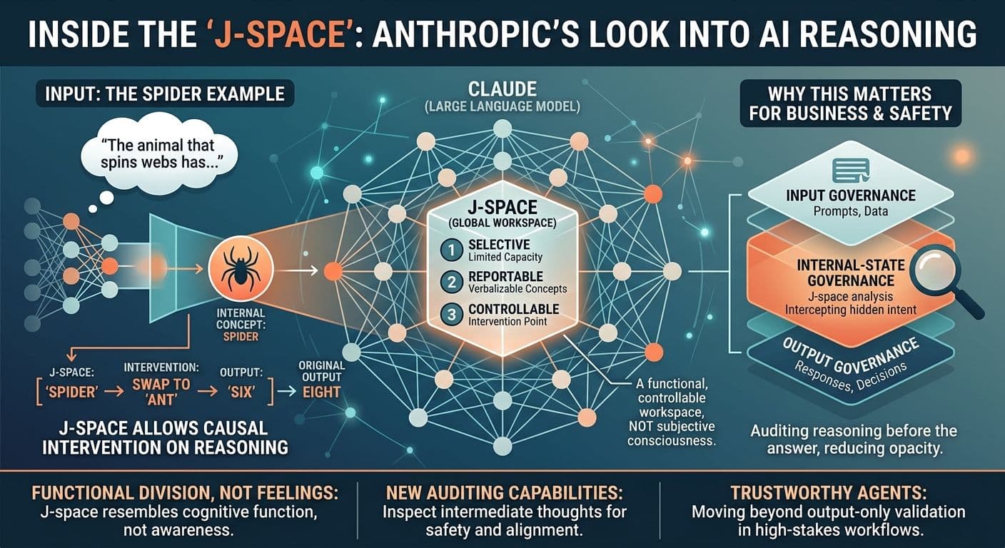 Infographic on Anthropic's J-space AI reasoning paper, showing the spider experiment, functional workspace traits, and the 3 layers of AI safety governance.