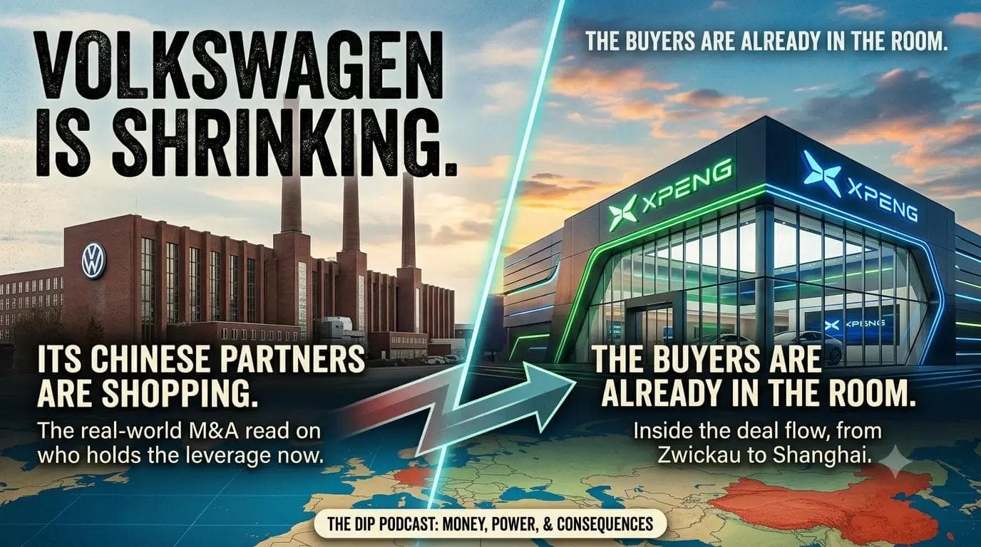 The historic, industrial Volkswagen brick factory building is shown with a "VW" logo, "VOLKSWAGEN IS SHRINKING." and "ITS CHINESE PARTNERS ARE SHOPPING."