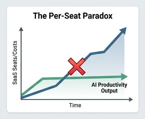 A diagram showing the economic conflict between linear SaaS seat costs and potentially non-linear AI productivity output.