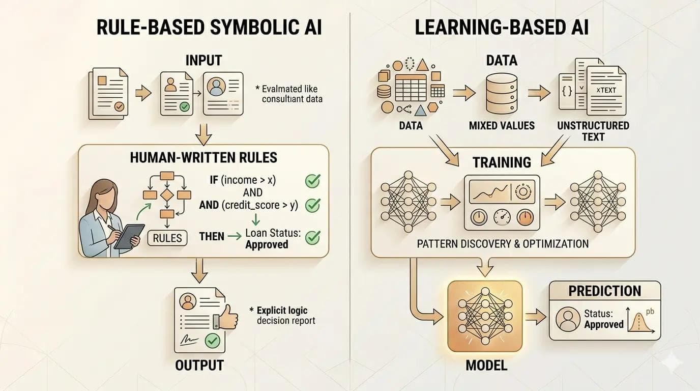 Diagram comparing symbolic rule-based artificial intelligence with modern machine learning systems