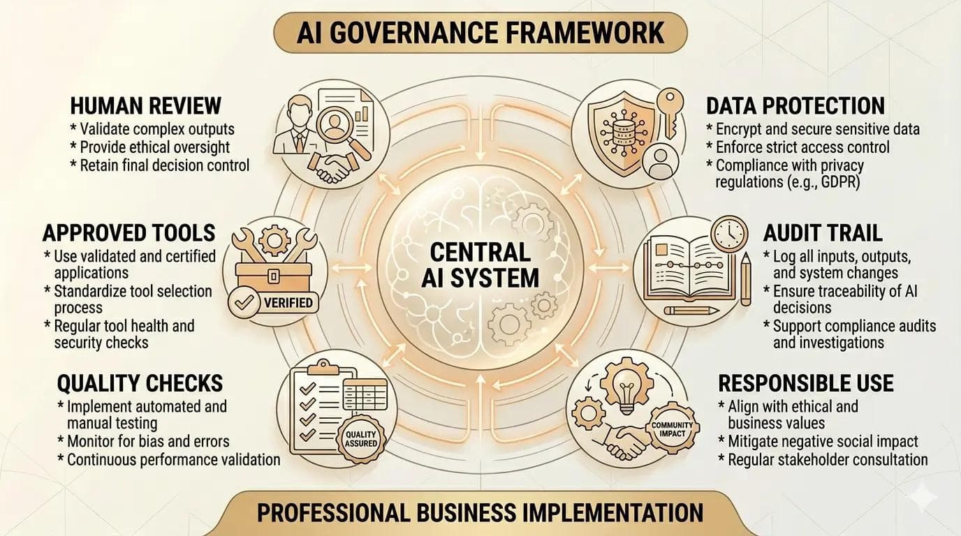 AI governance framework showing human review, data protection, audit trails and quality controls