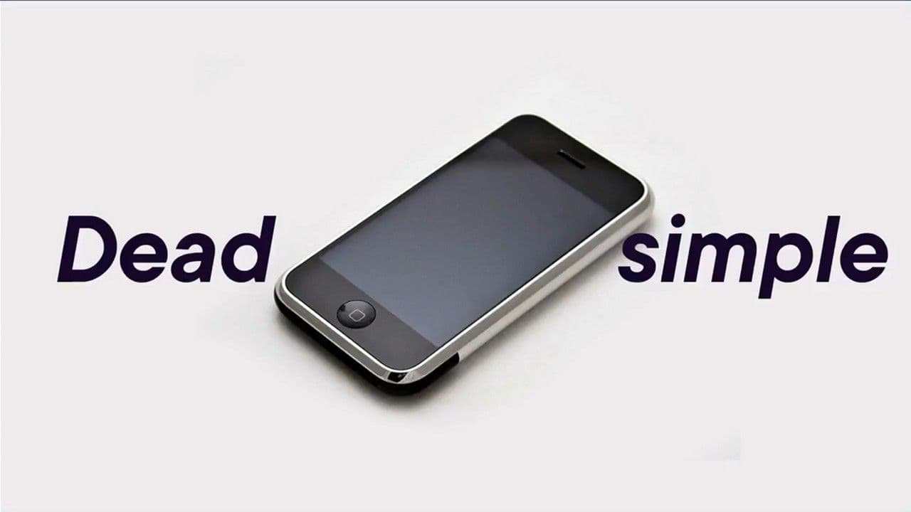 Original iPhone against a white background with the words Dead simple, representing the UX standard enterprise AI needs to reach.