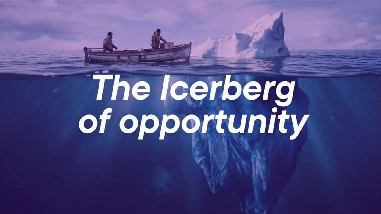 Split underwater and above-water view of an iceberg with two people in a small boat, overlaid with the text The Iceberg of opportunity.
