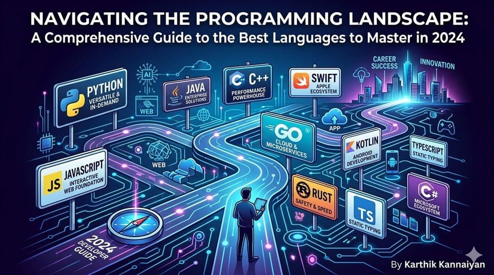 Visualize the concept of 'navigating the programming landscape' as a journey through different programming language pathways in 2024