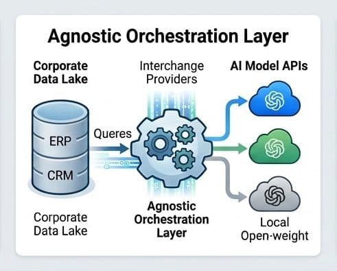 An architectural view of a central hub routing queries between internal enterprise data and multiple, distinct AI models (OpenAI, Claude, Llama).