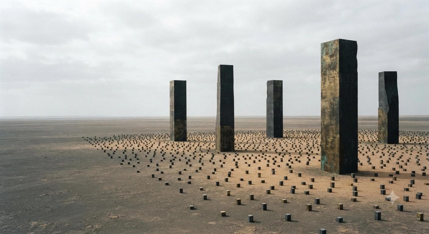 Architectural photo of 5 monumental monoliths towering over 1000s of tiny scattered blocks on a vast, flat plain, symbolizing extreme M&A market concentration.